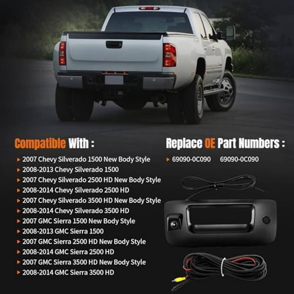 Tailgate handle backup camera shown on a pickup truck rear with wiring kit