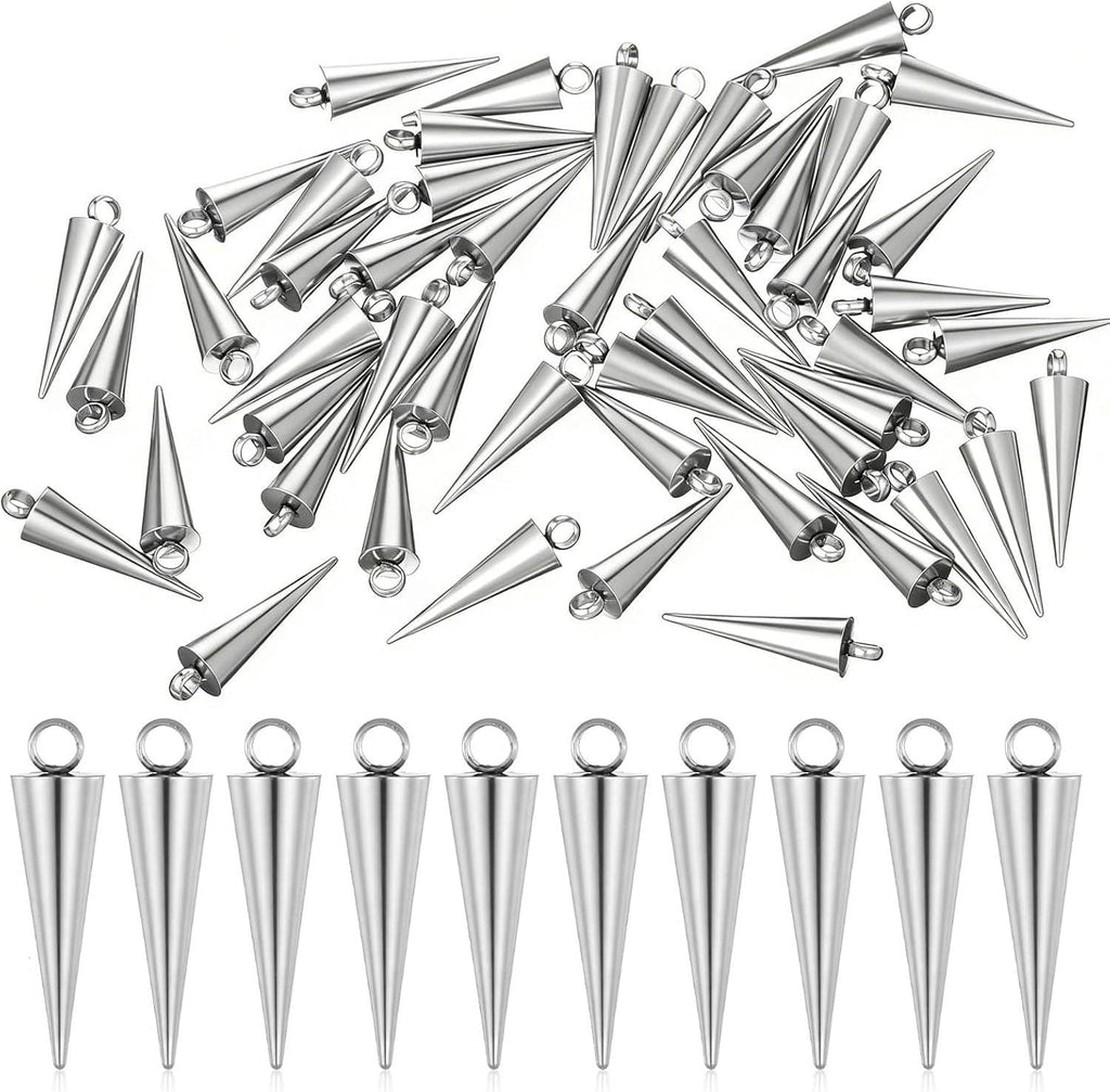 Silver stainless steel spike cone charm set, conical bead spikes with top loops