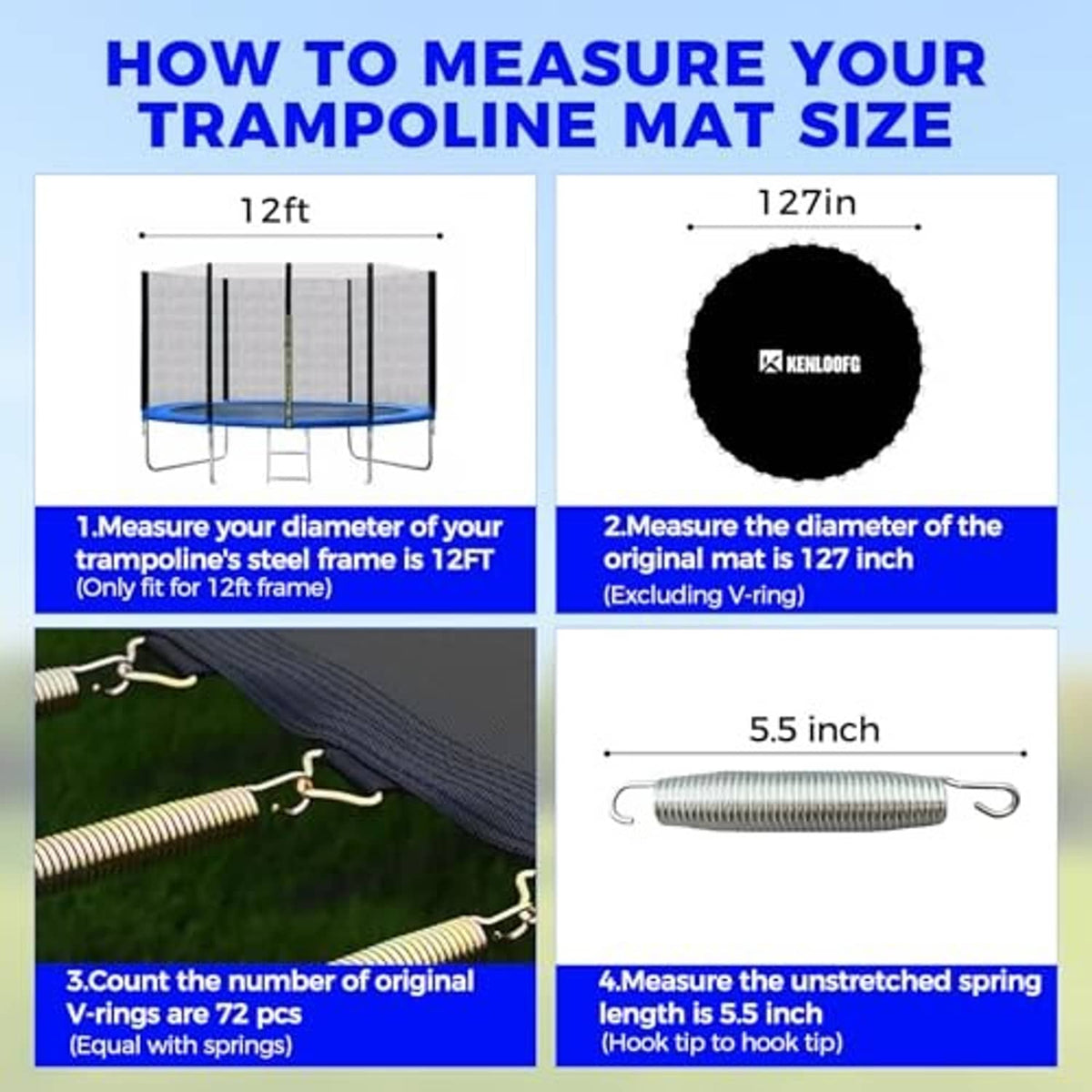 Trampoline mat measuring guide showing 12ft frame, 127in mat, and 5.5in spring