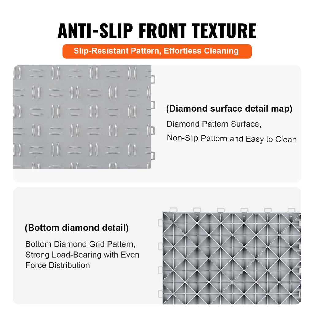 Silver anti-slip garage tile with diamond tread texture and non-slip pattern