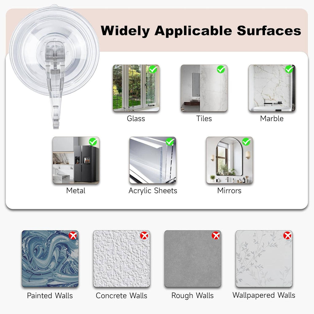 Transparent dual-hook suction cup shown with surface mounting icons