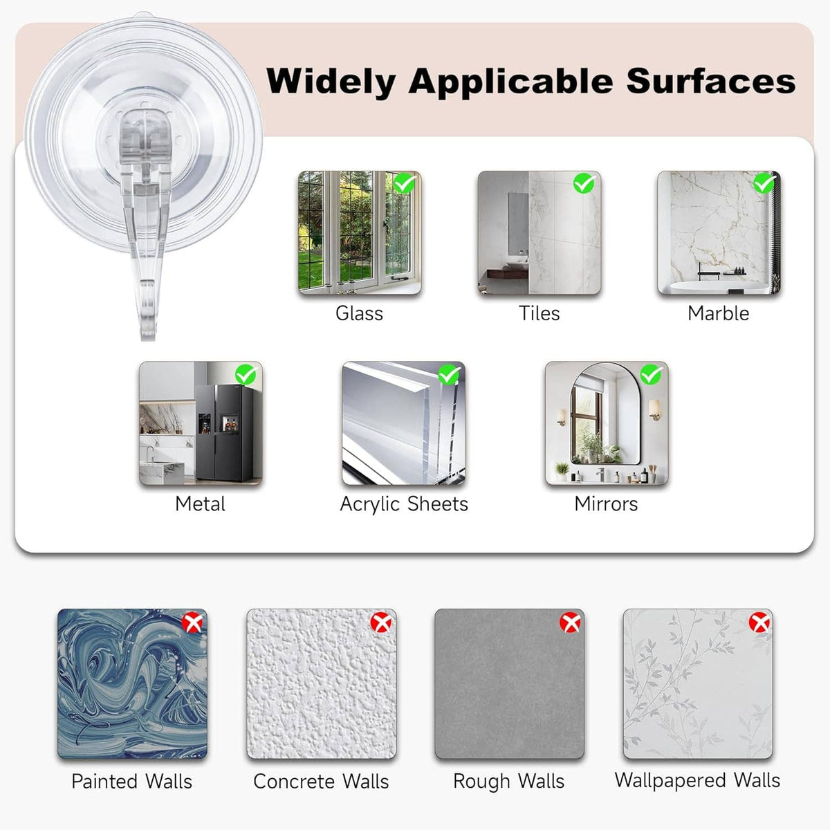 Transparent dual-hook suction cup shown with surface mounting icons