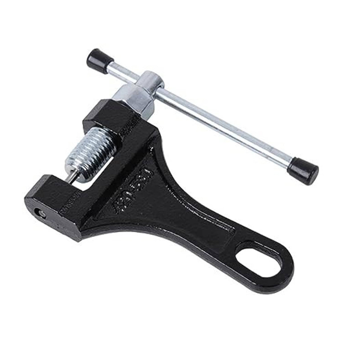 Chain breaker tool, black frame with silver threaded rod and double grip handle