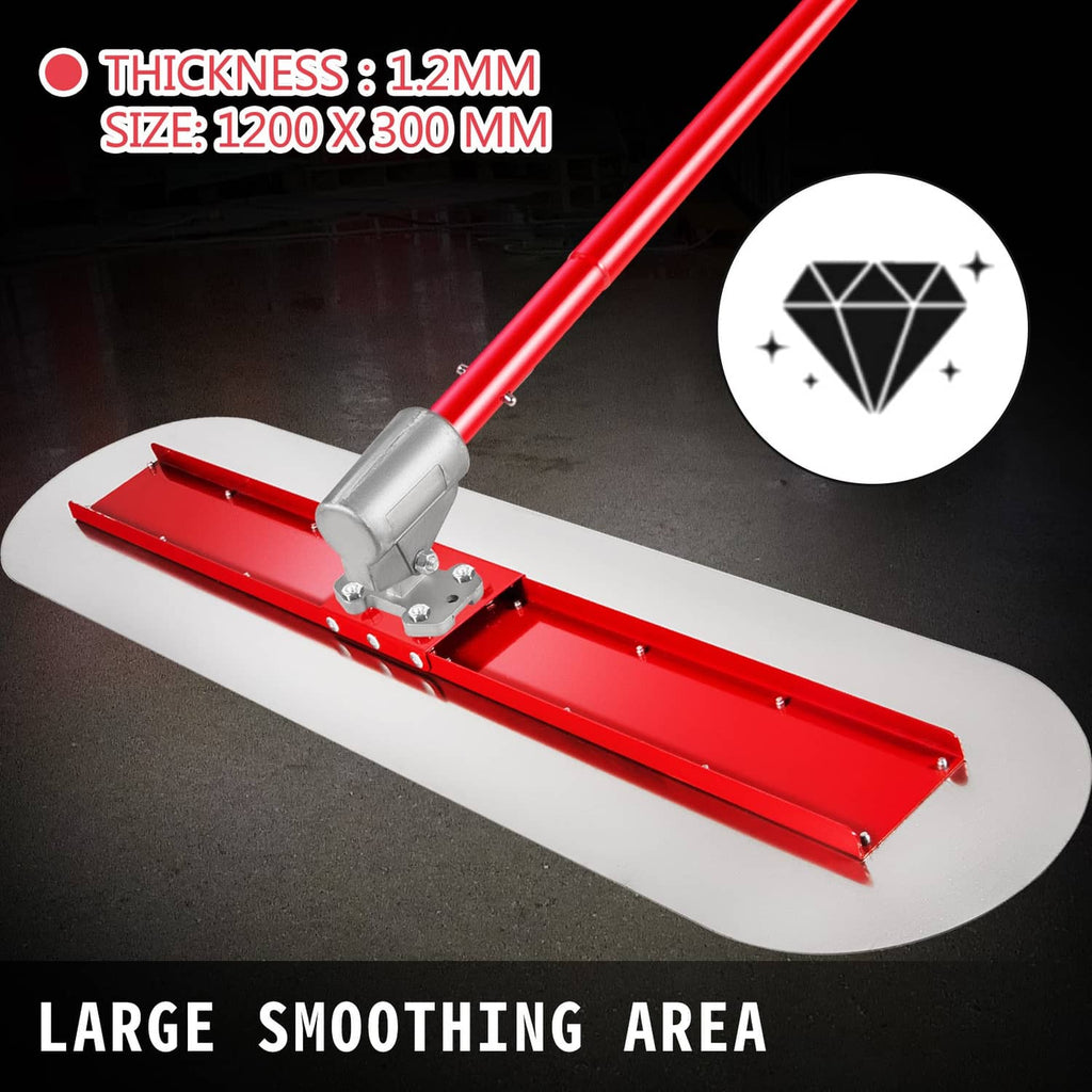 Wide red concrete bull float deck with gray handle mount and metal frame