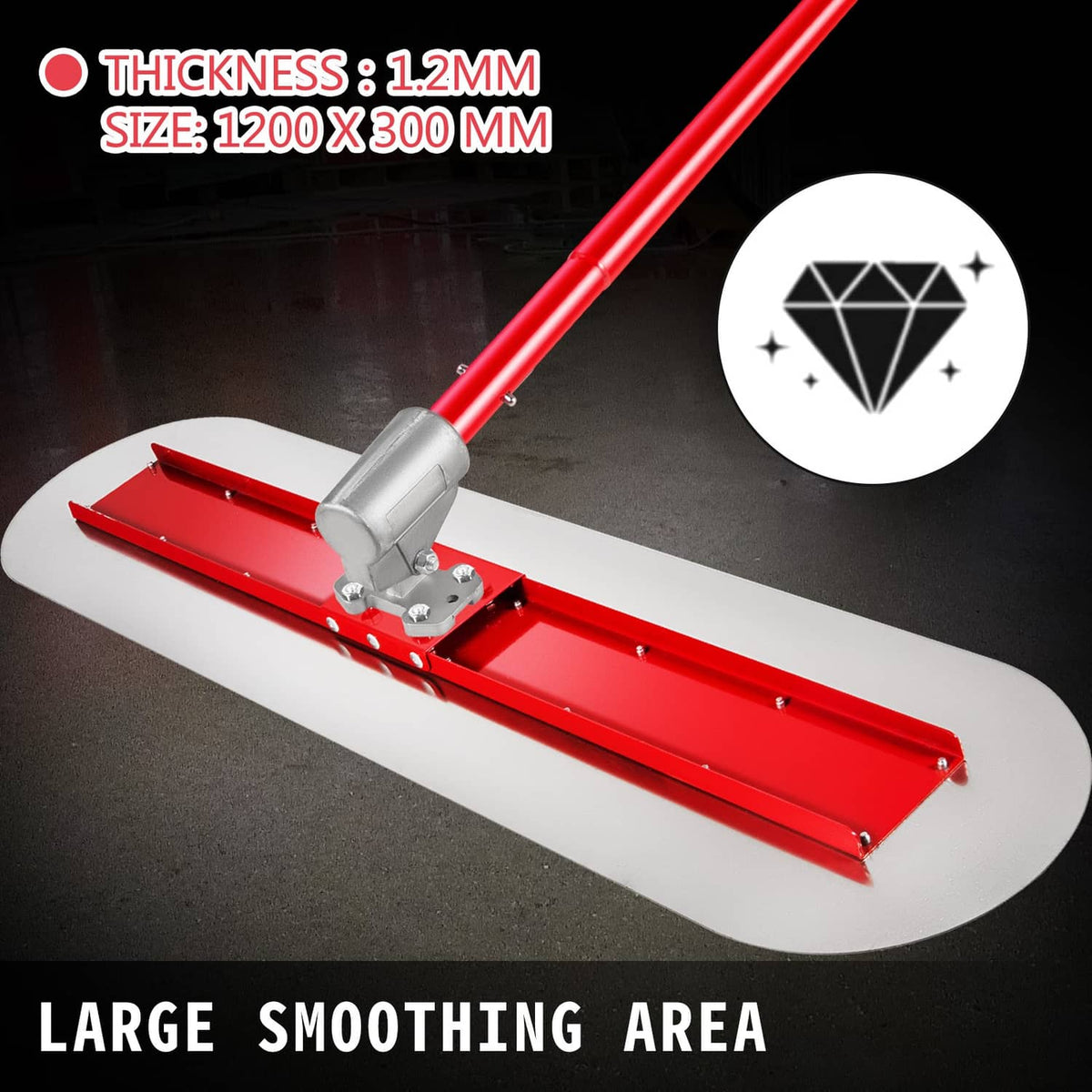 Wide red concrete bull float deck with gray handle mount and metal frame