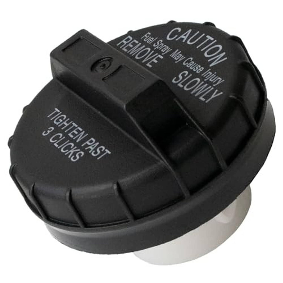 Black fuel tank gas cap showing caution “REMOVE SLOWLY” and “TIGHTEN PAST 3 CLiCKS”