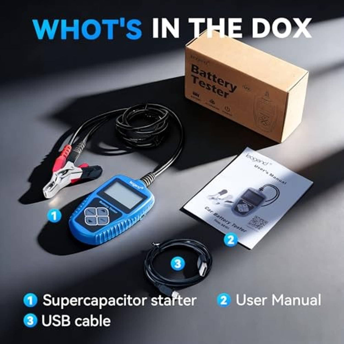 Battery tester kit with blue device, clamp leads, USB cable, and user manual