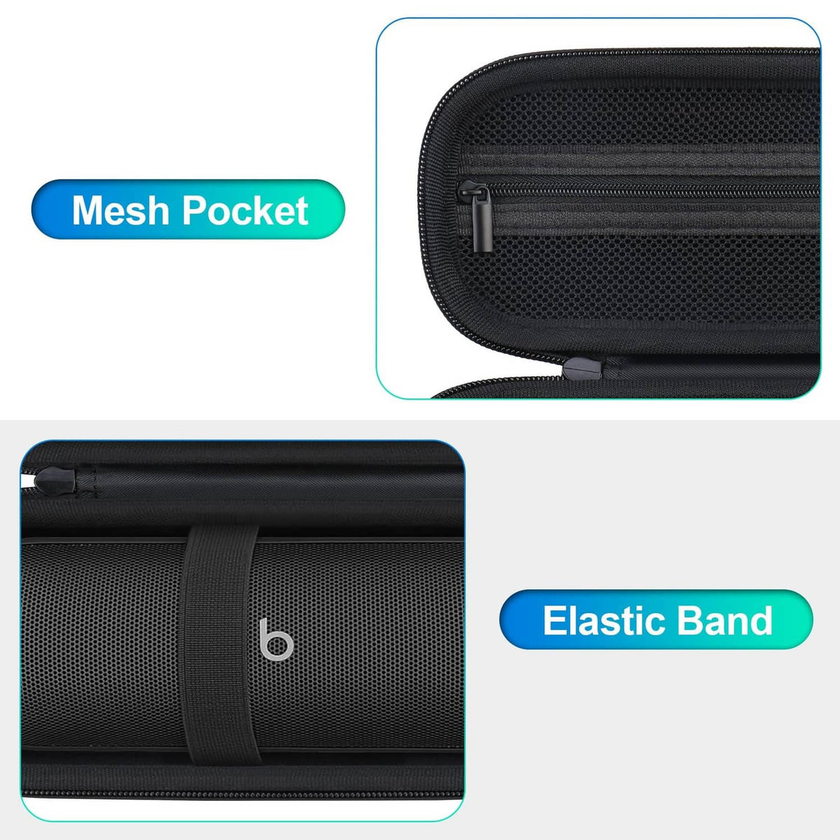 Black carrying case with mesh pocket and elastic band strap for securing the speaker