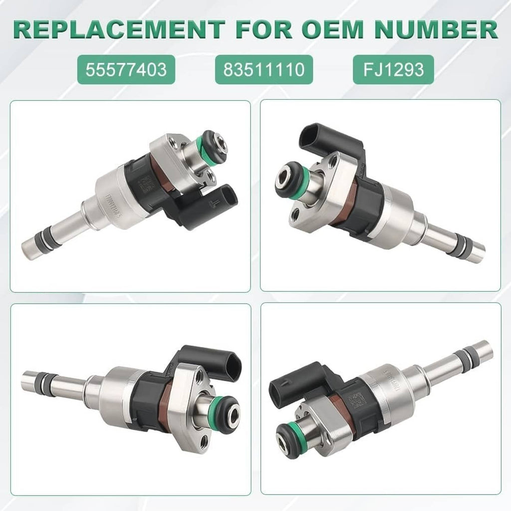 Four fuel injectors shown from multiple angles with black connectors and green O-rings