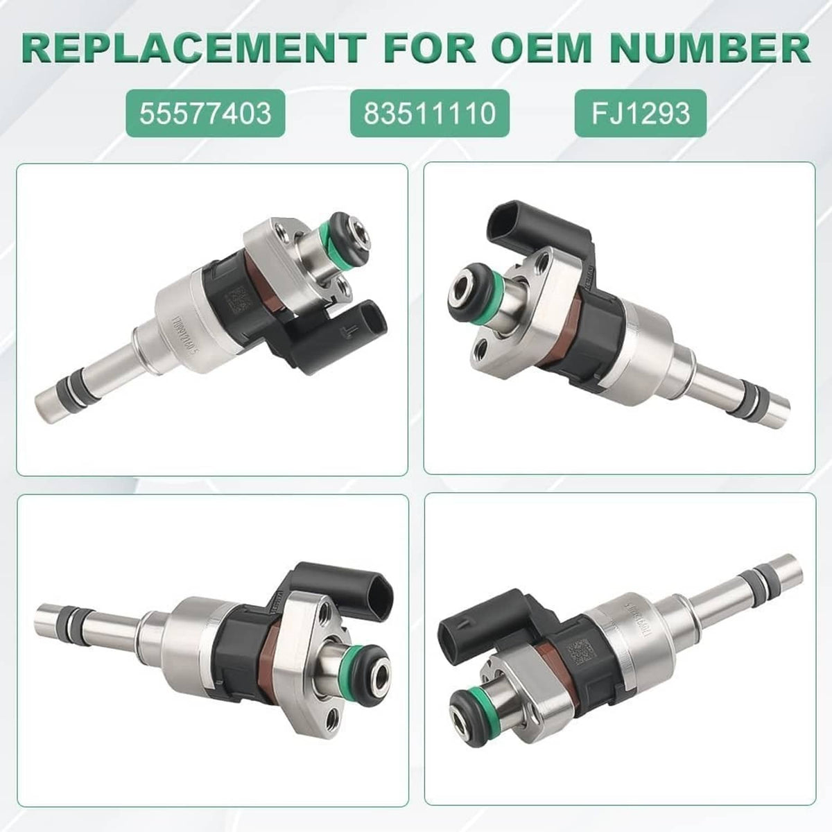 Four fuel injectors shown from multiple angles with black connectors and green O-rings