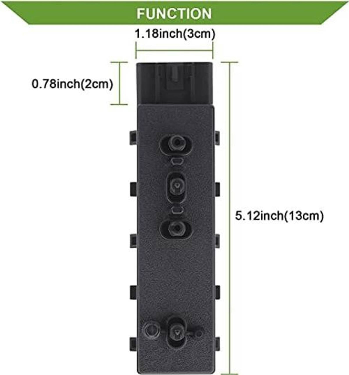 Power seat switch control module with three front circular contact points and side tabs