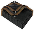 Black shade cloth tarp with brown striped binding and metal grommets, folded