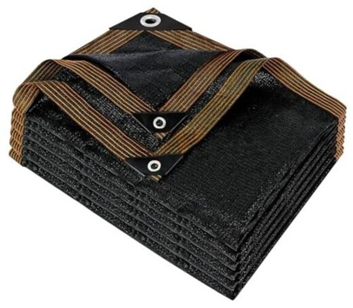 Black shade cloth tarp with brown striped binding and metal grommets, folded