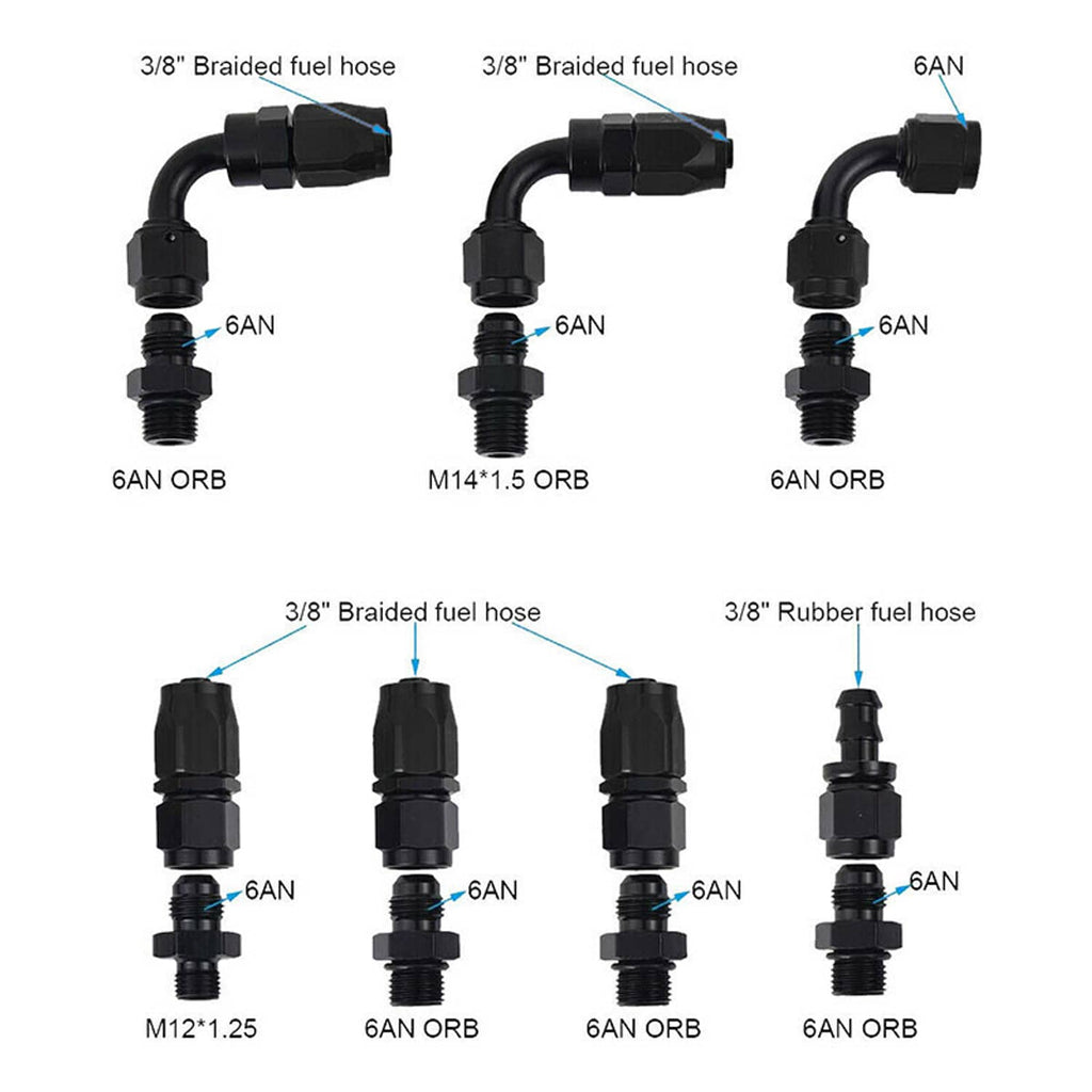 AN6 and 3/8 or 6AN ORB fuel line fitting shapes shown for different hose ends