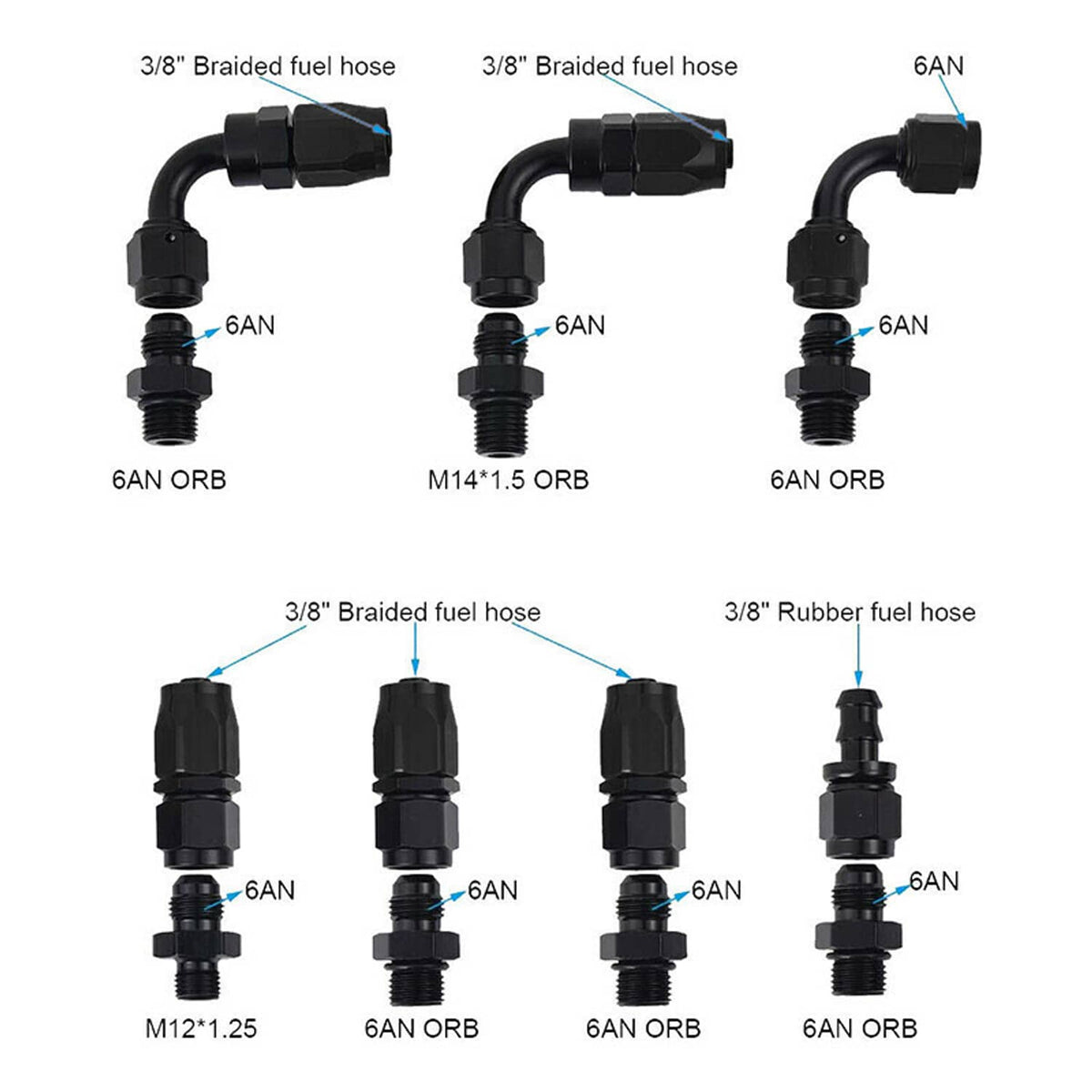 AN6 and 3/8 or 6AN ORB fuel line fitting shapes shown for different hose ends