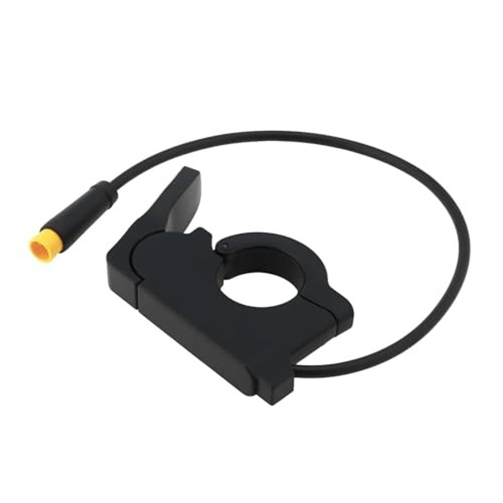 Electric bike thumb throttle sensor with black housing and yellow-tipped 3-pin lead