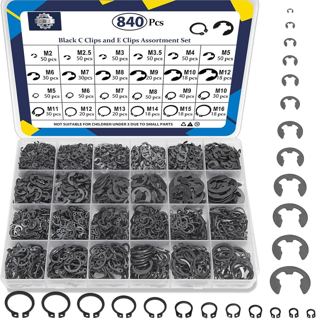 Black C and E clip assortment box with assorted metal clips in compartments