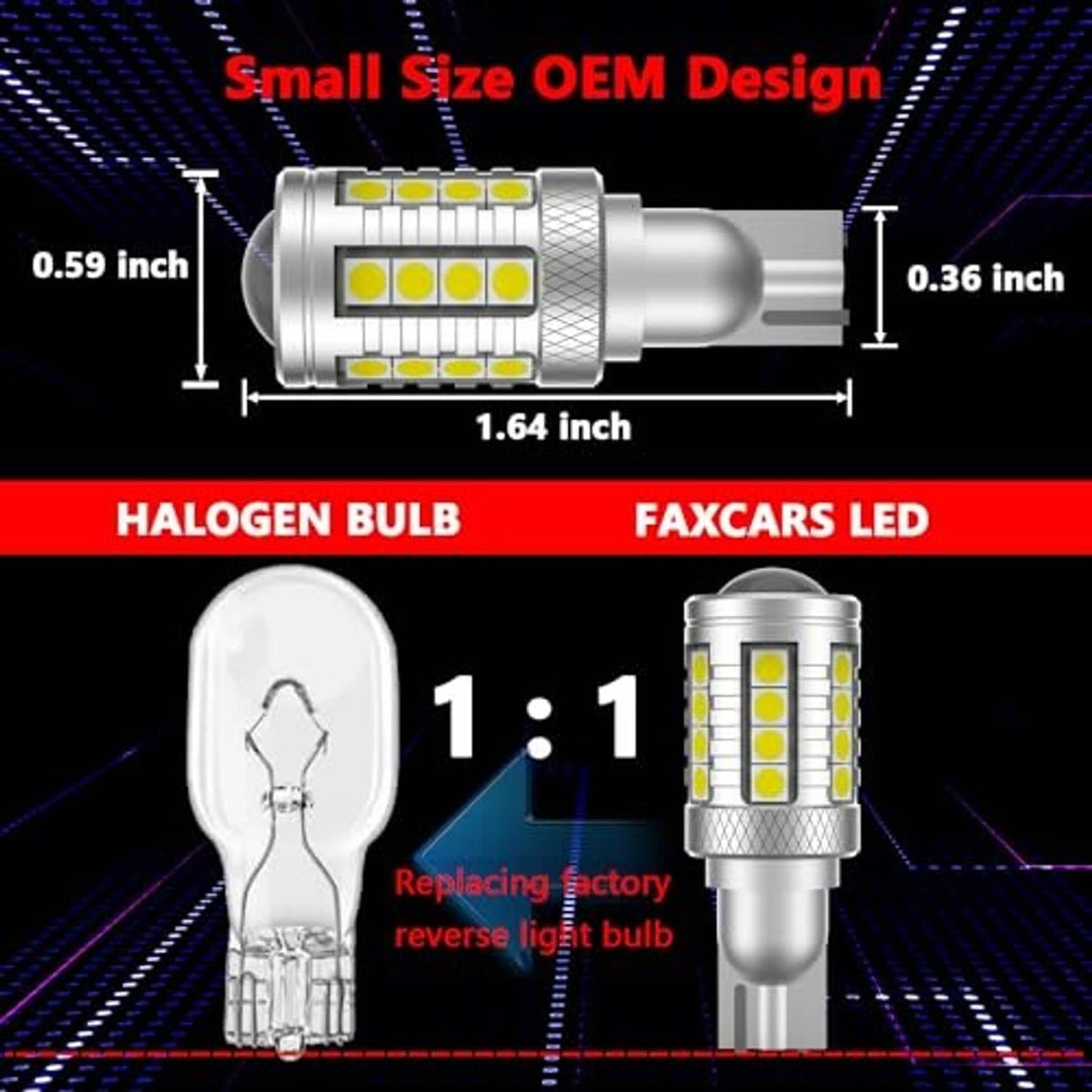 Compact LED bulb with silver housing and yellow LED chips, with size diagram
