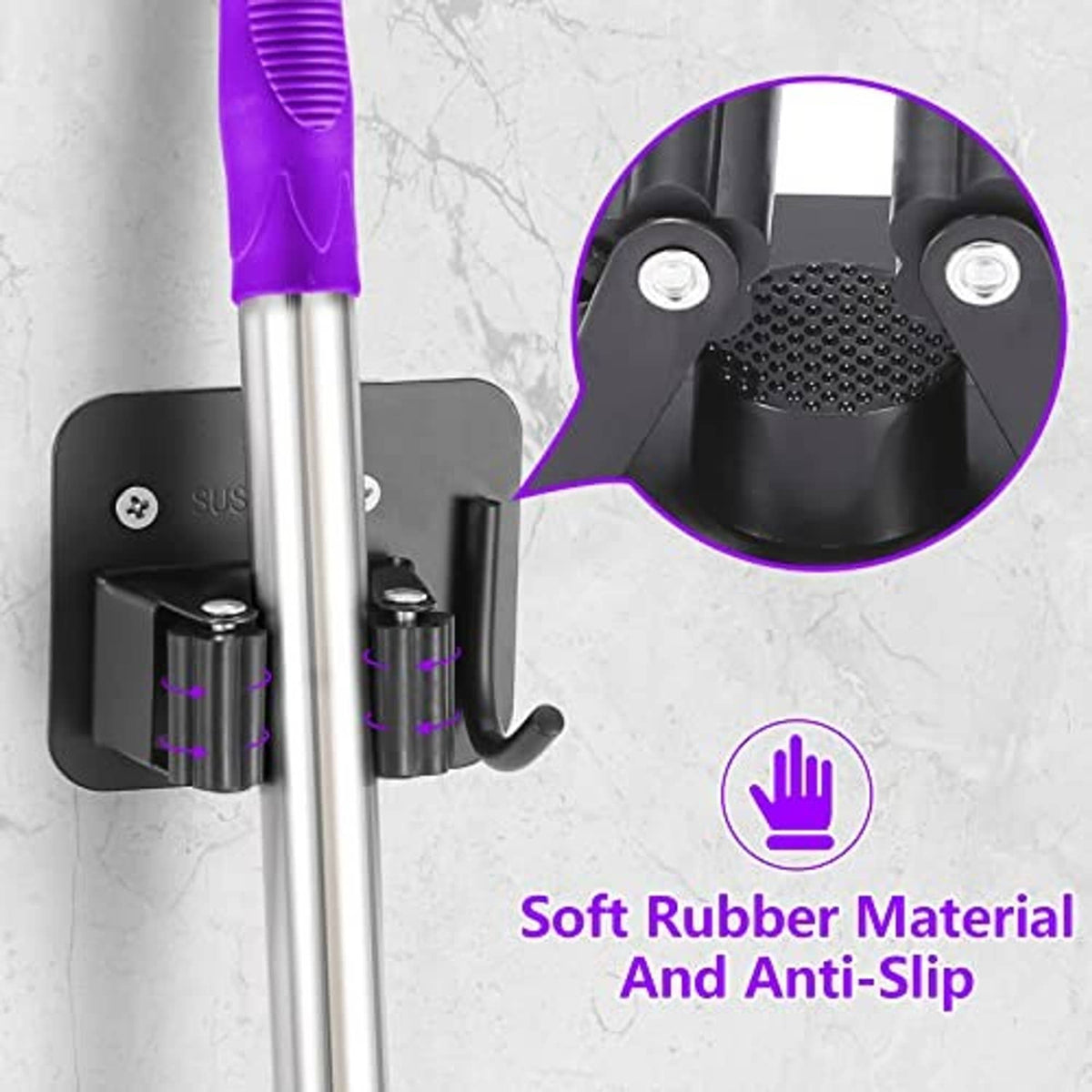 Black broom holder with soft anti-slip rubber grips on stainless pole