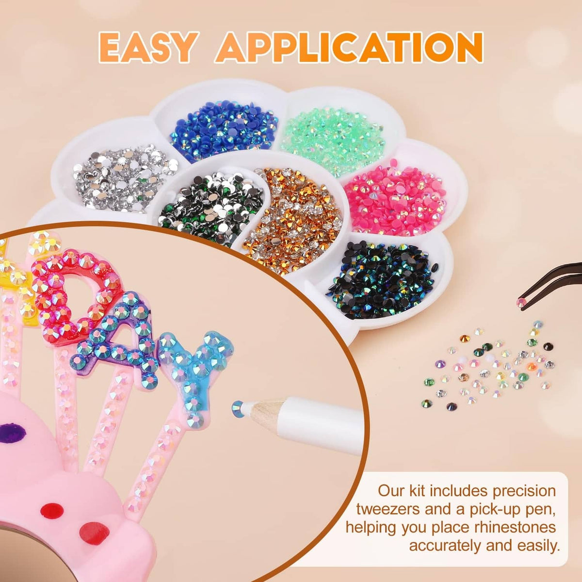 Rhinestone gems in a round organizer tray with tweezers and a wax gem picker pen