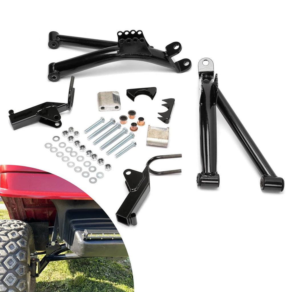 Black 6-inch A-arm lift kit with mounting arms, brackets, and hardware pieces