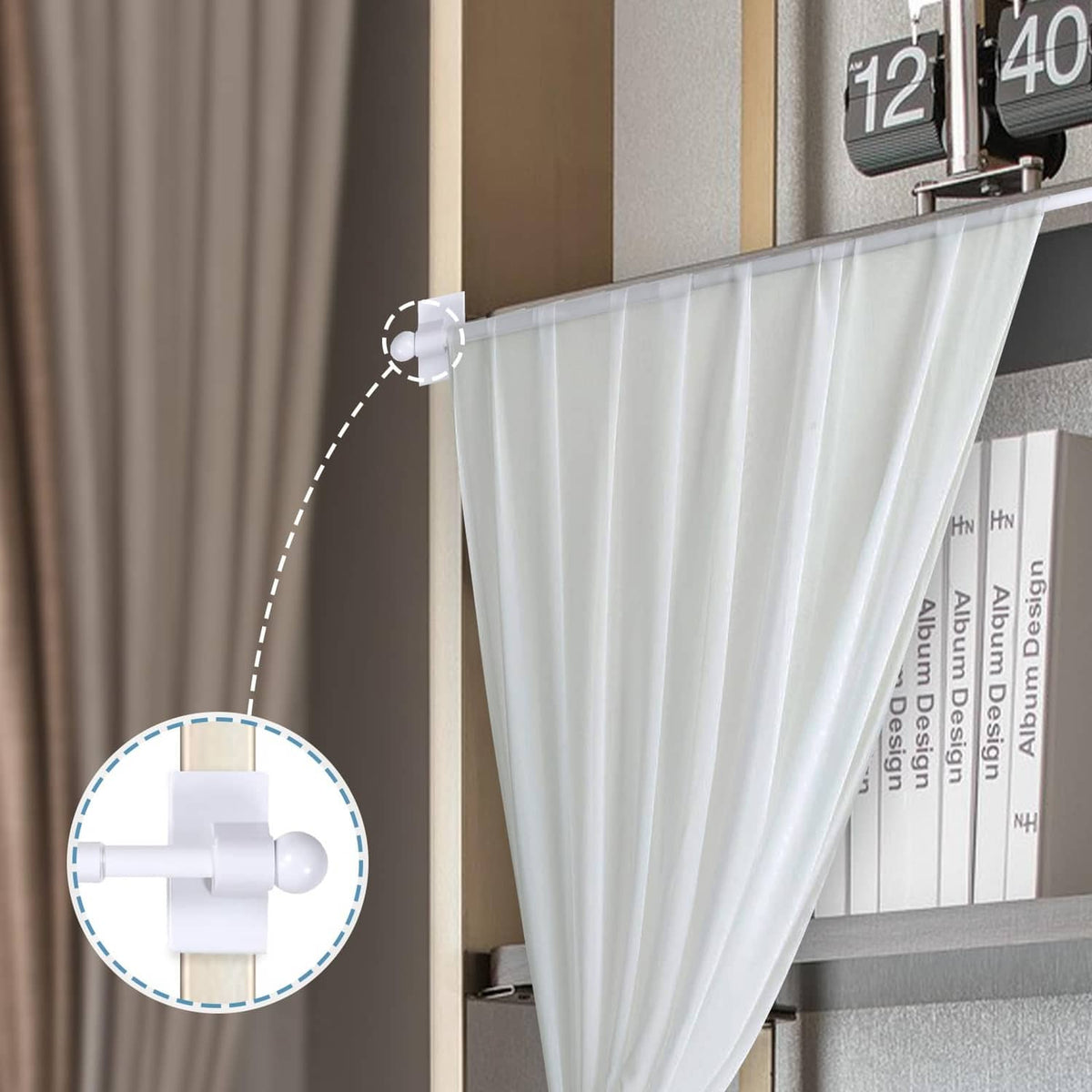 White magnetic curtain rod attachment holding a folded curtain at the side