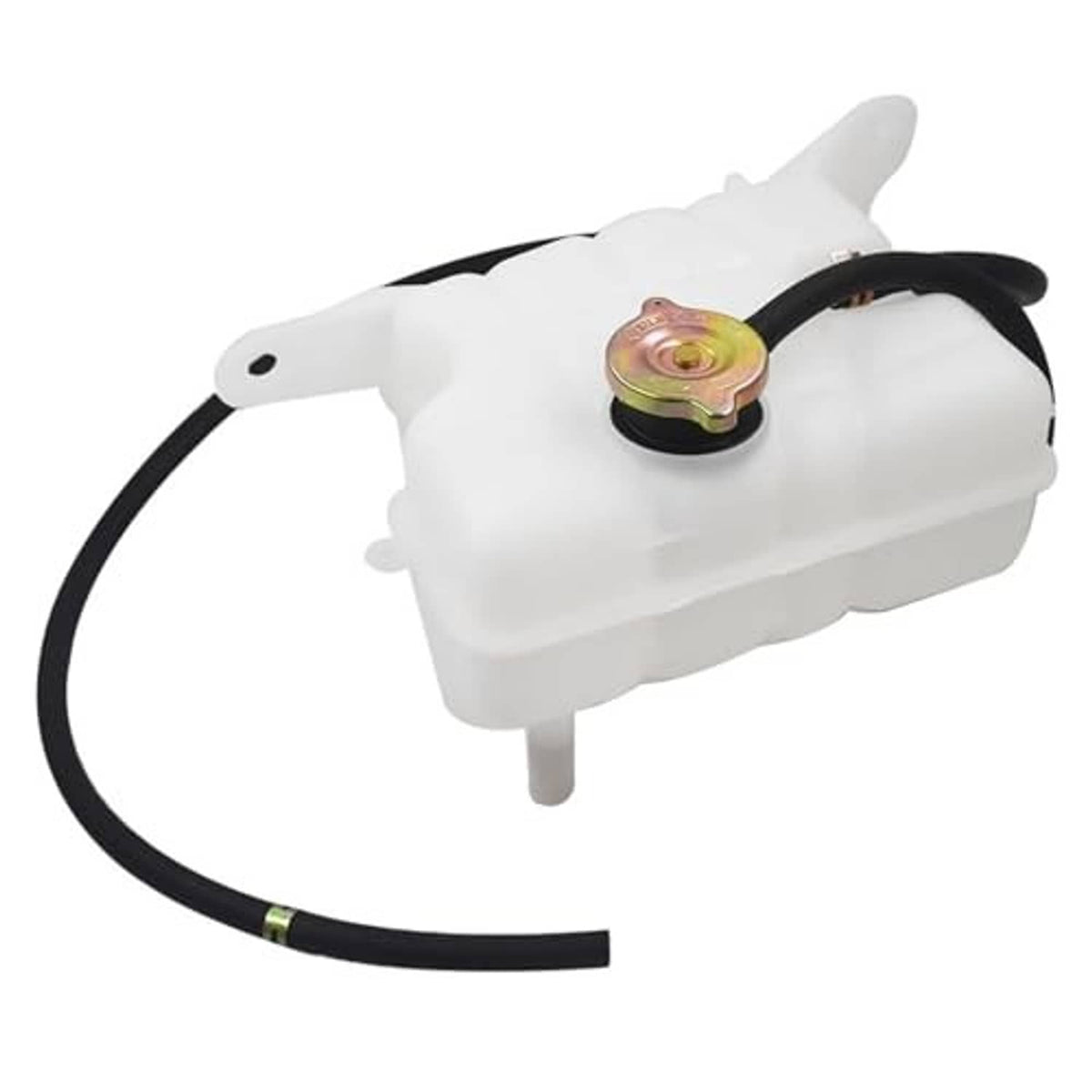 White overflow reservoir tank with gold cap, black hose, and side mounting tabs