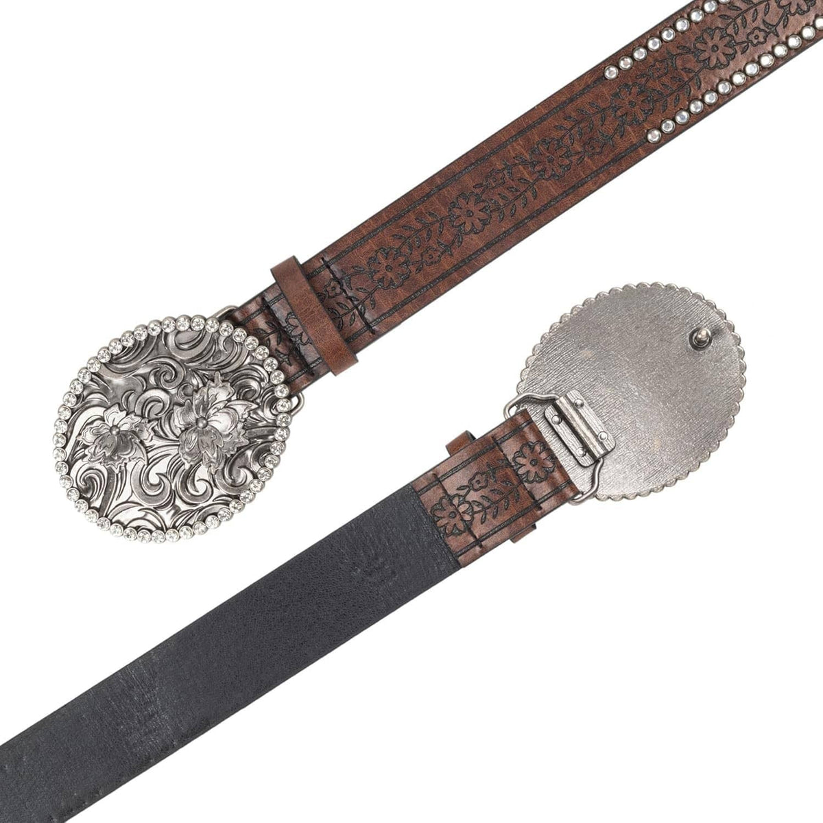 Brown leather belt with ornate oval silver buckle and rhinestone studded edge