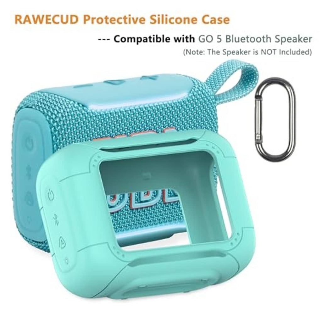Teal silicone speaker cover case with front grille cutout and metal carabiner loop