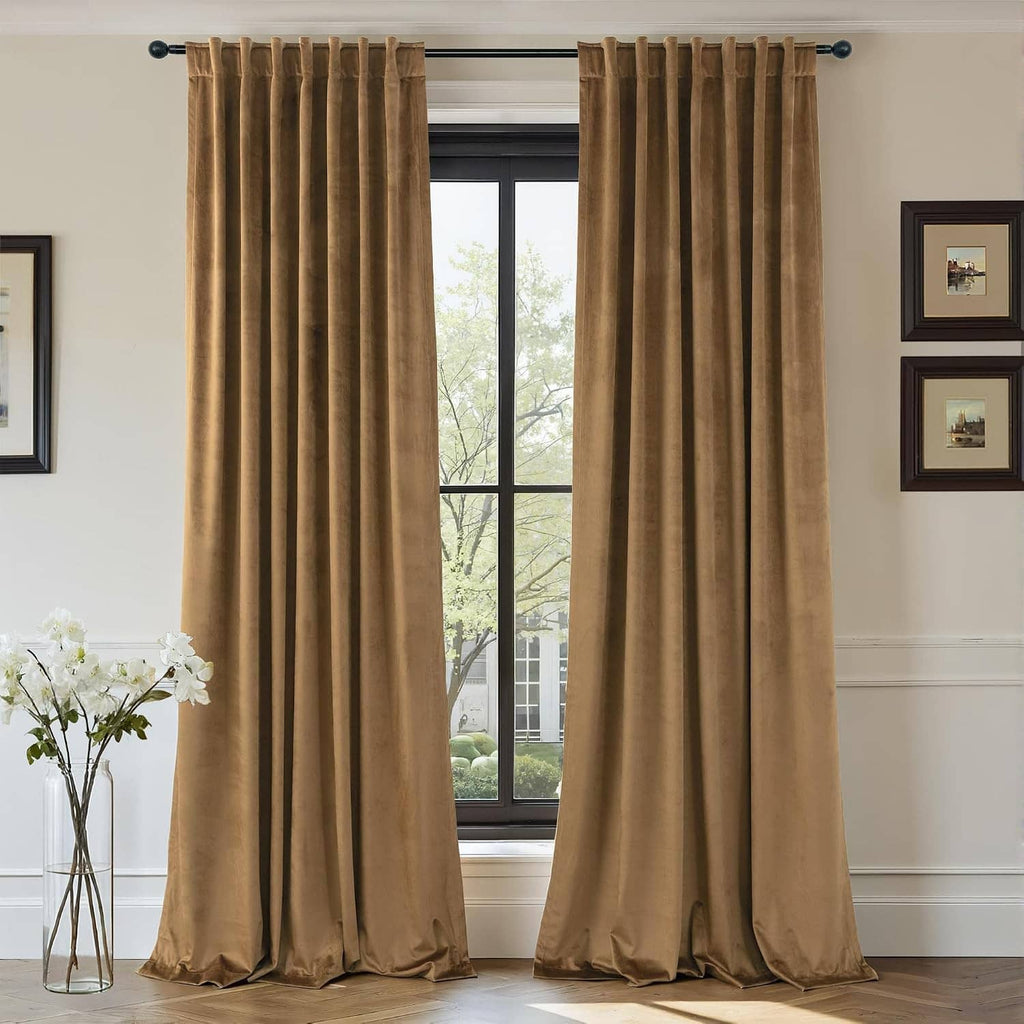 Gold-brown velvet curtains, 2 panels, hanging from a curtain rod with gathered top