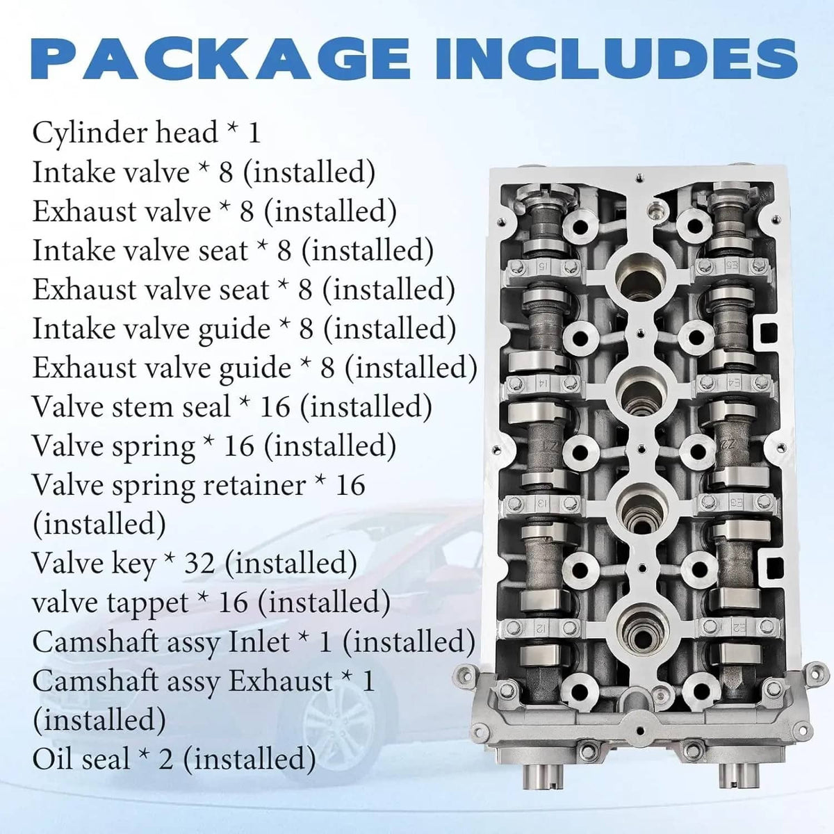 Cylinder head assembly with valve train details shown beside parts list
