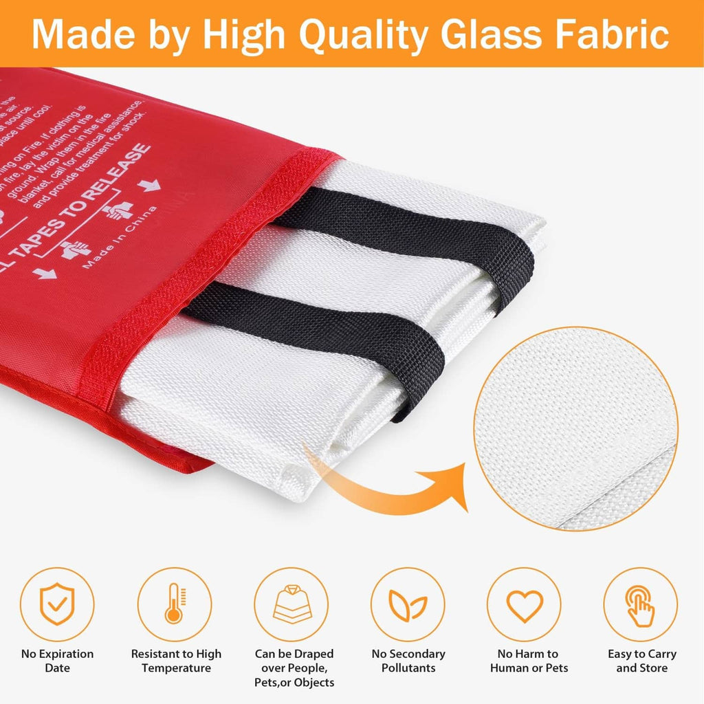 Close-up of folded white fire blanket inside red pouch with black strap
