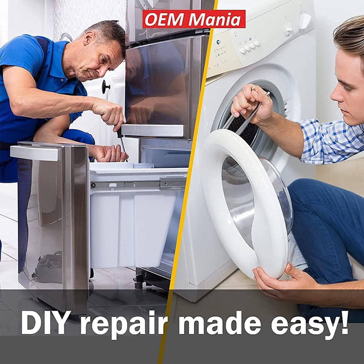 OEM Mania DIY repair promotional graphic with washing machine and hands