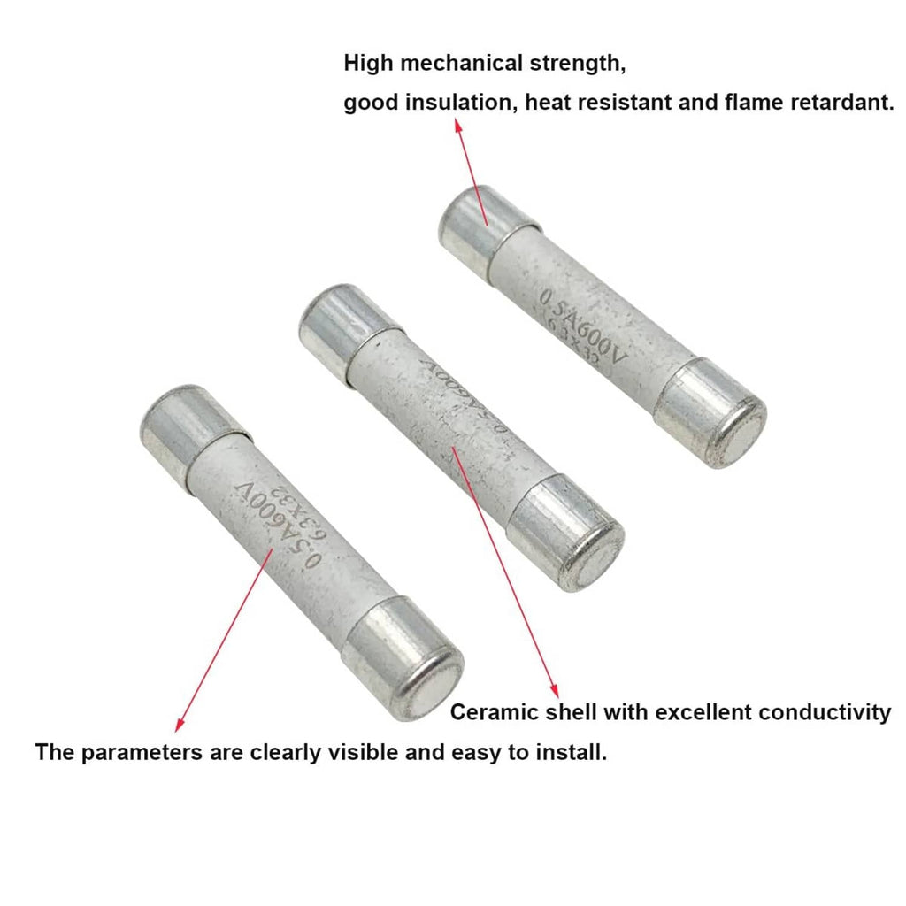 Fast-blow multimeter fuses, ceramic shell with metal end caps, 0.5A 600V markings