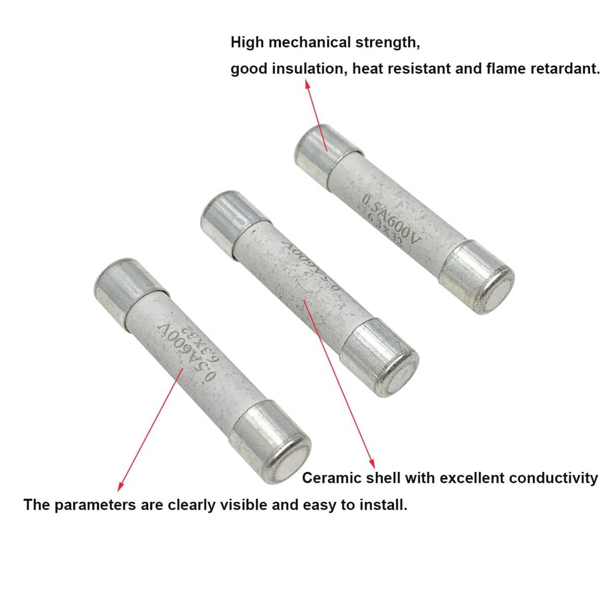 Fast-blow multimeter fuses, ceramic shell with metal end caps, 0.5A 600V markings