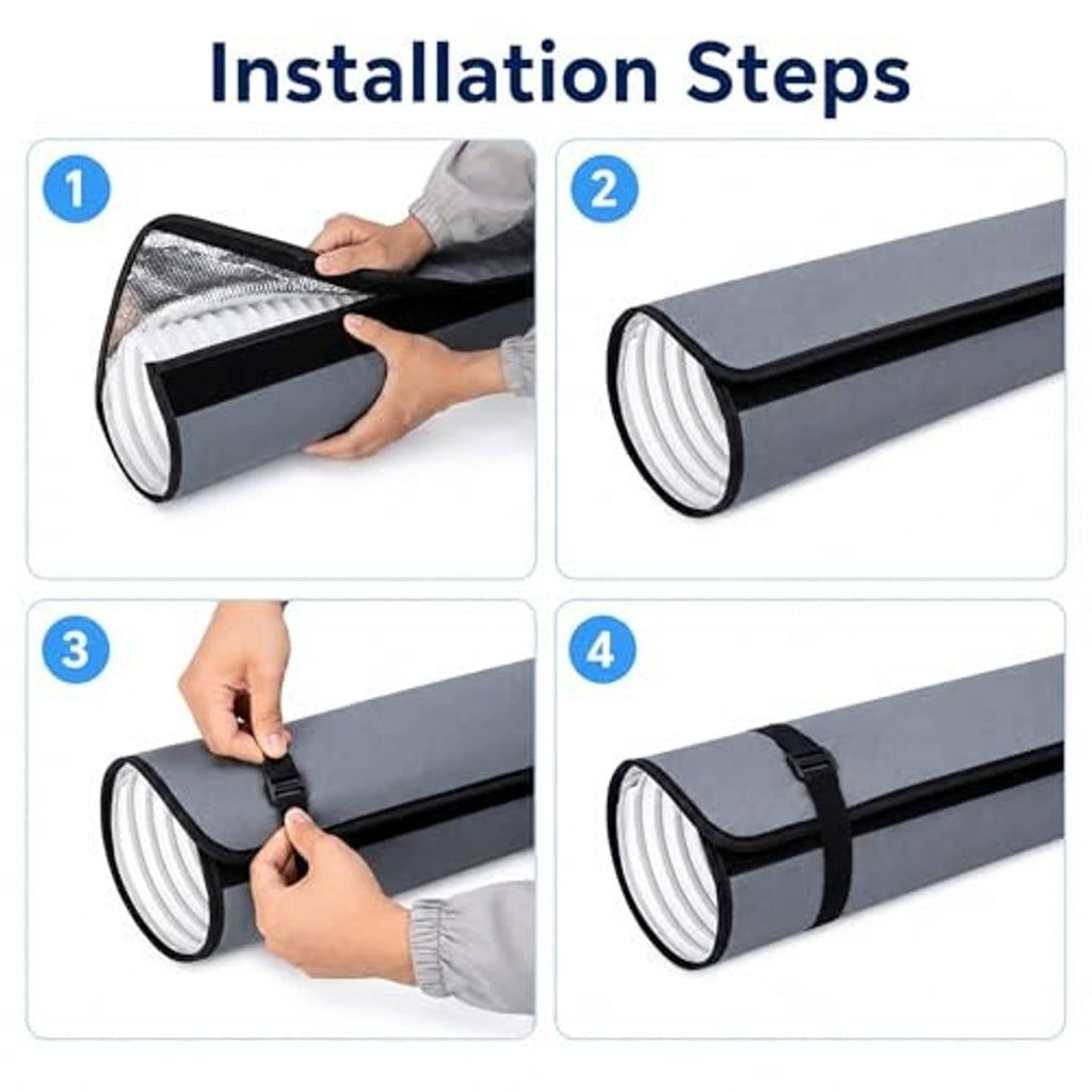 Insulated dark grey hose cover secured with a black elastic strap during installation