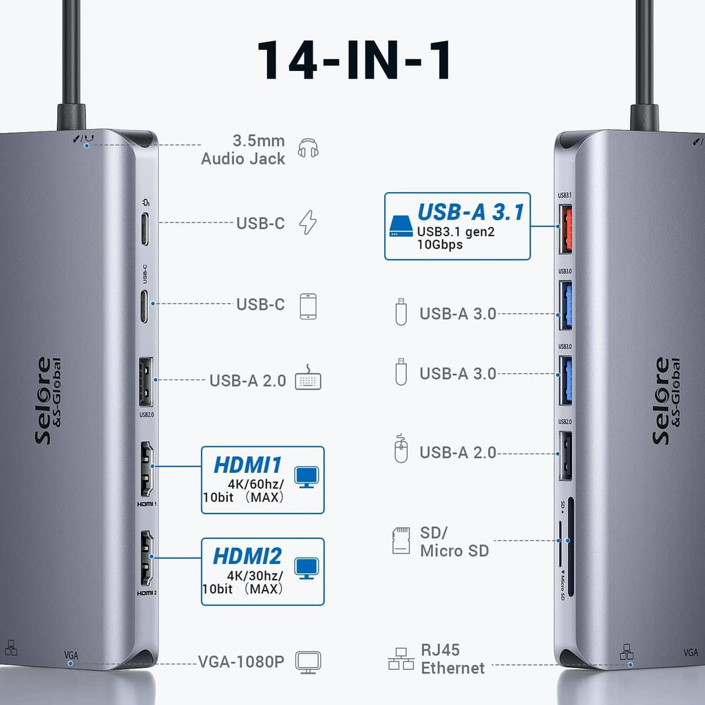 Silver USB-C 14-in-1 dock showing side ports for HDMI, VGA, USB, and SD