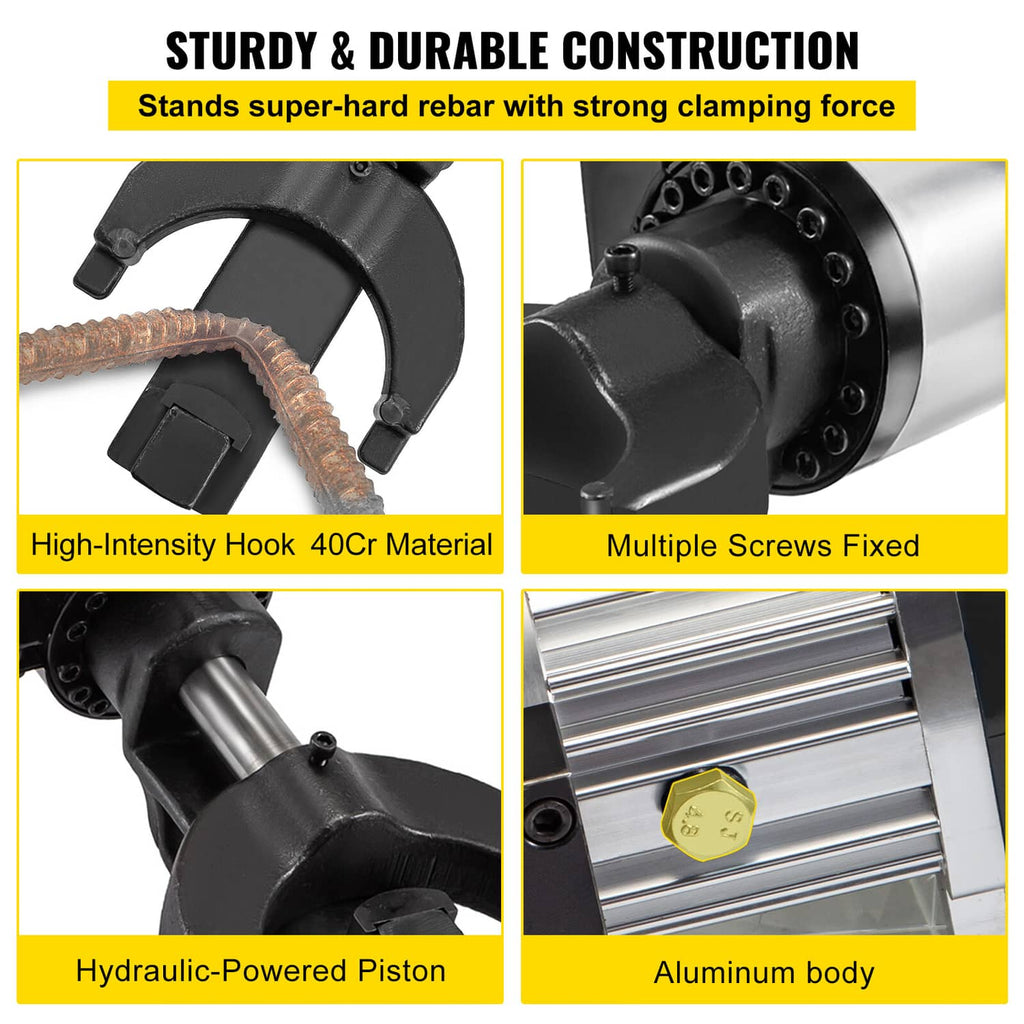 Electric rebar bender details: sturdy hook, multiple screws, hydraulic piston, aluminum body