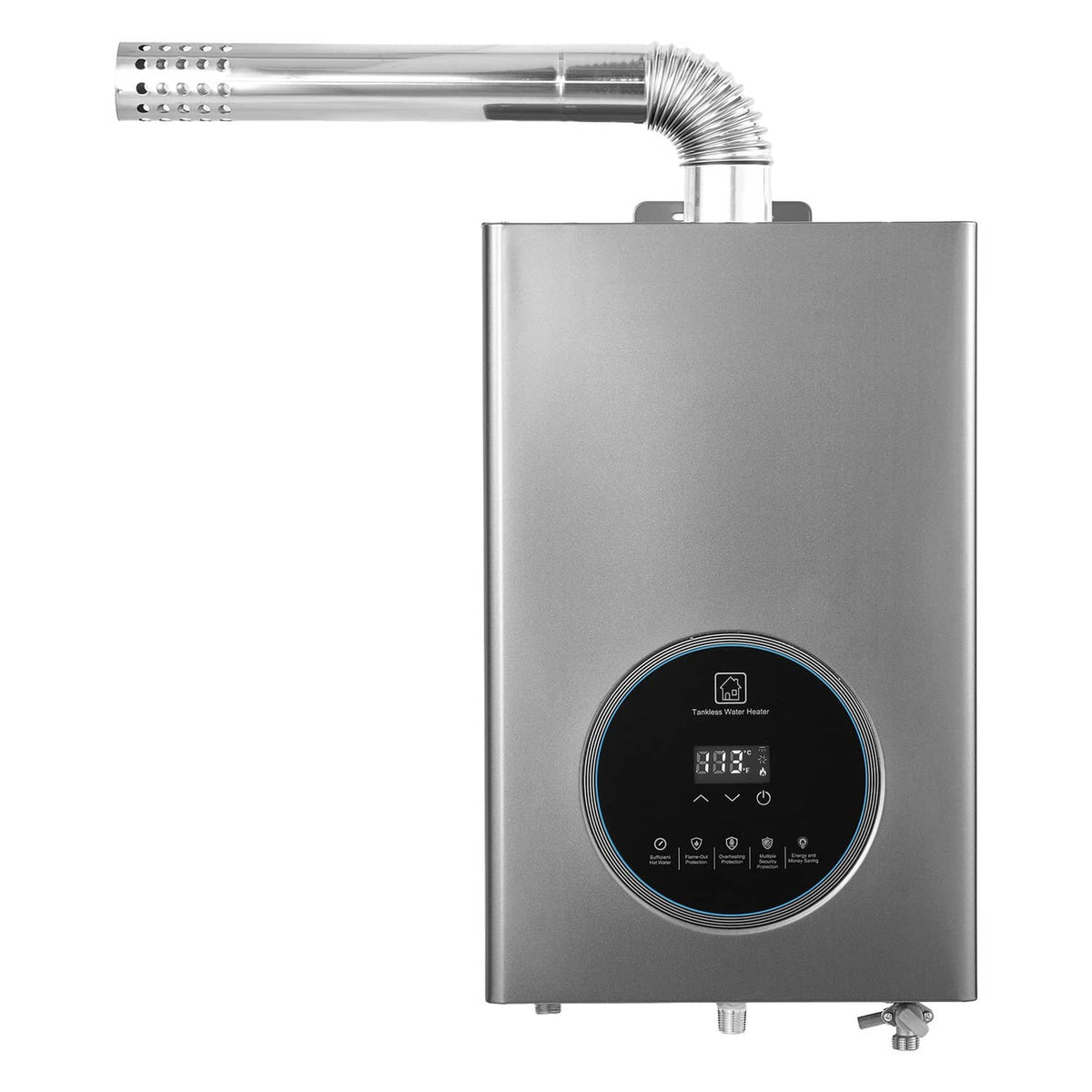 Stainless steel propane tankless water heater with LED control panel and flue exhaust pipe
