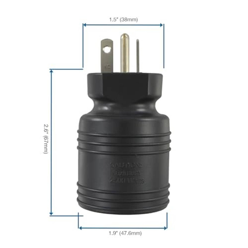 Black three-prong plug adapter with side profile and height/width dimensions