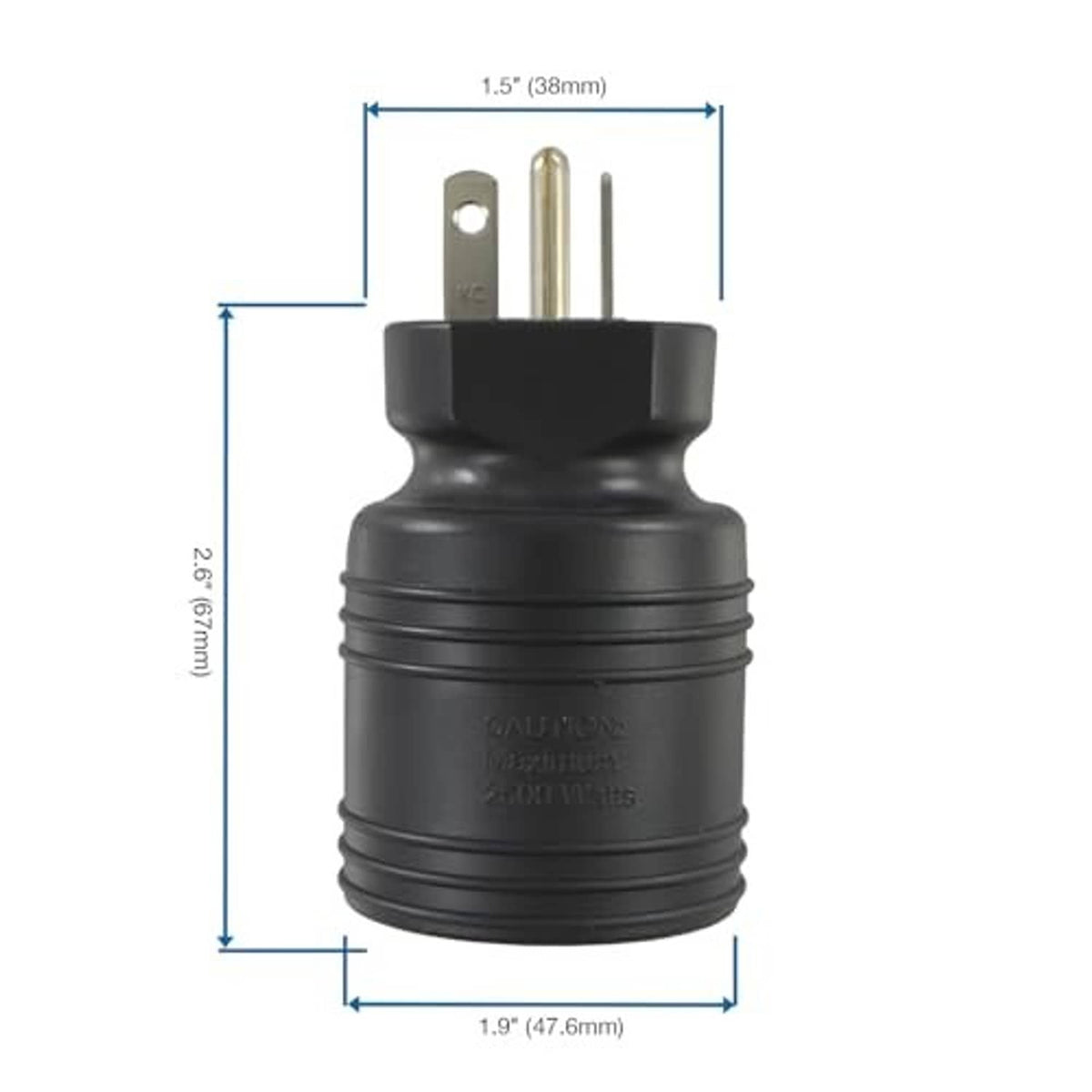Black three-prong plug adapter with side profile and height/width dimensions