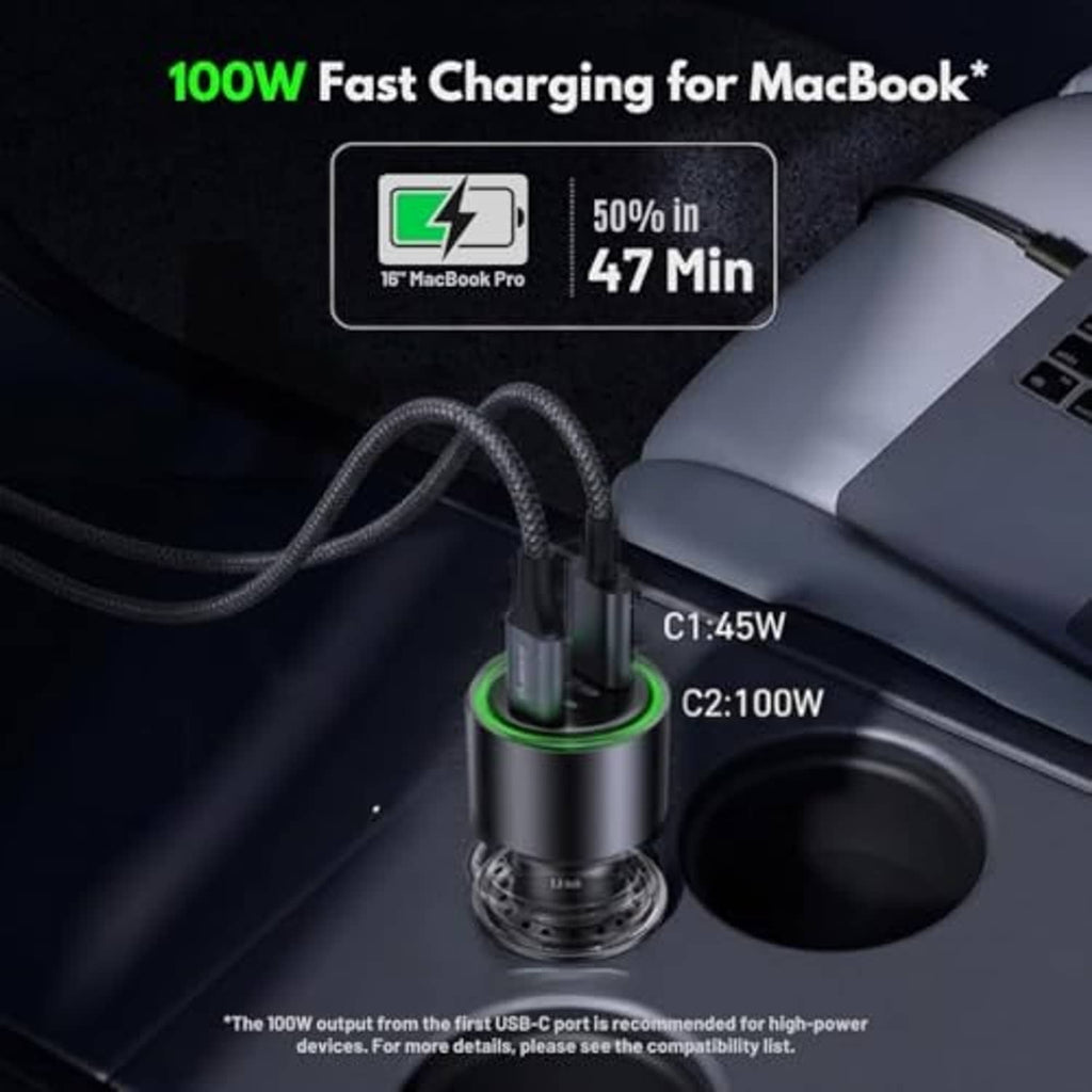 Black USB-C car charger with green LED ring and braided USB-C cable