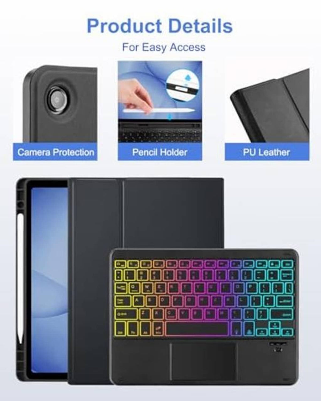 Black PU leather keyboard case with camera protection, pencil holder, and backlit keys