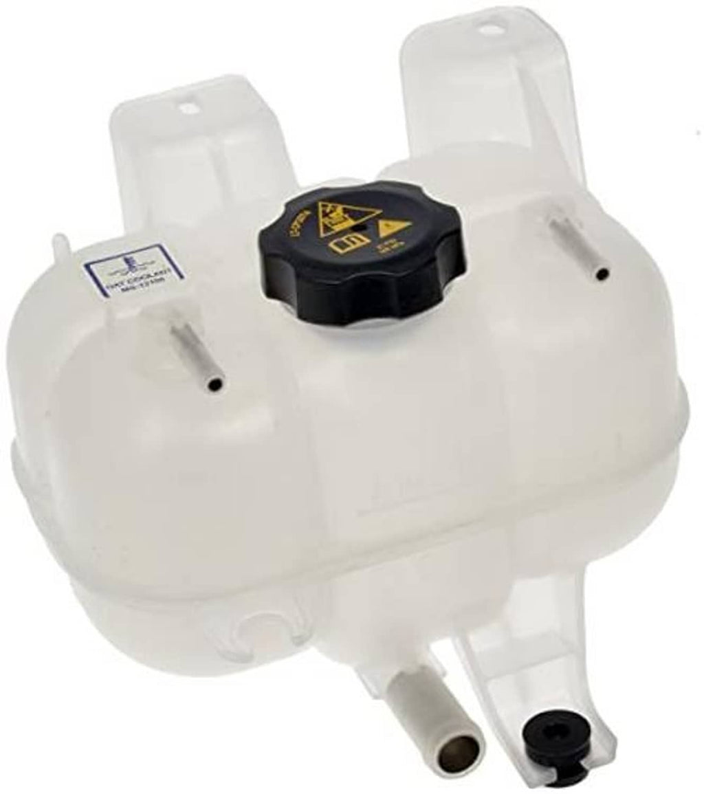Pressurized coolant reservoir with cap; white plastic tank with black cap and outlets