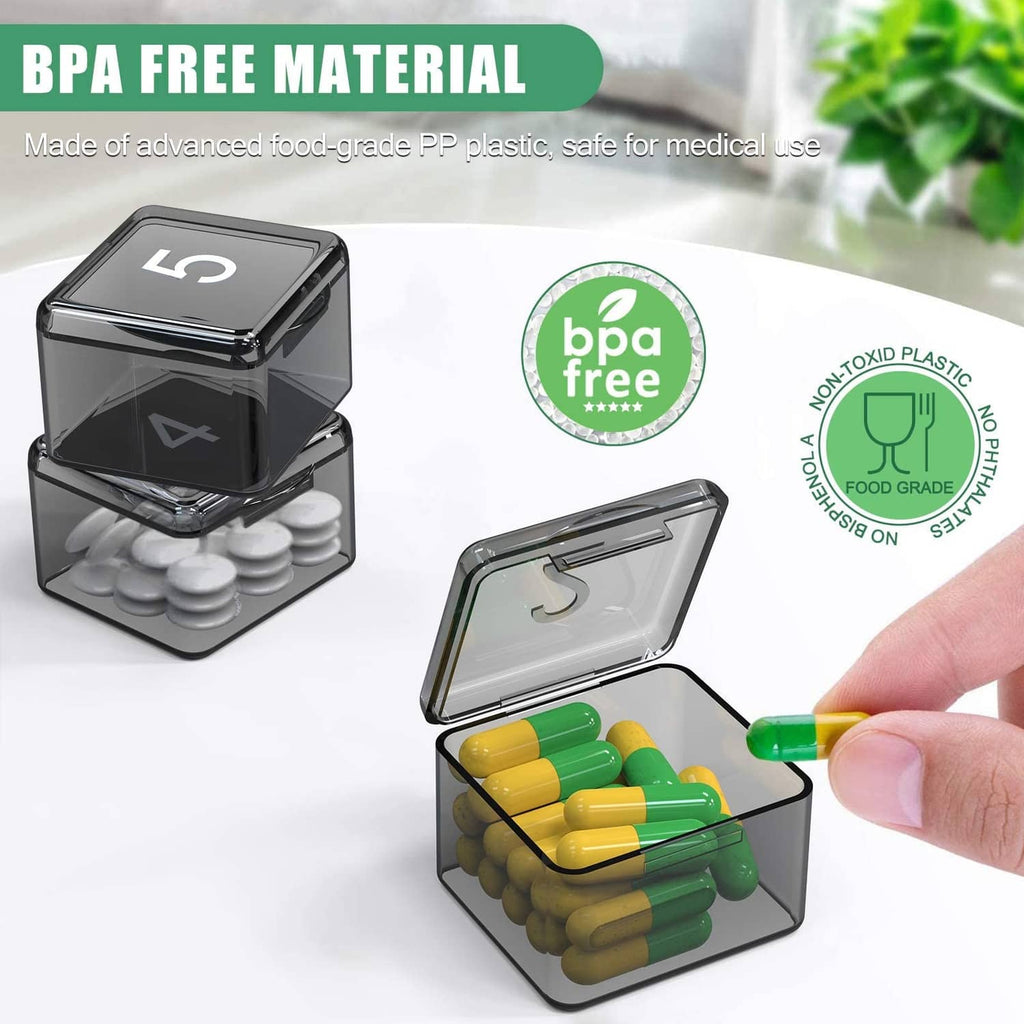 Clear PP pill organizer with BPA-free label and hinged compartments for daily pills