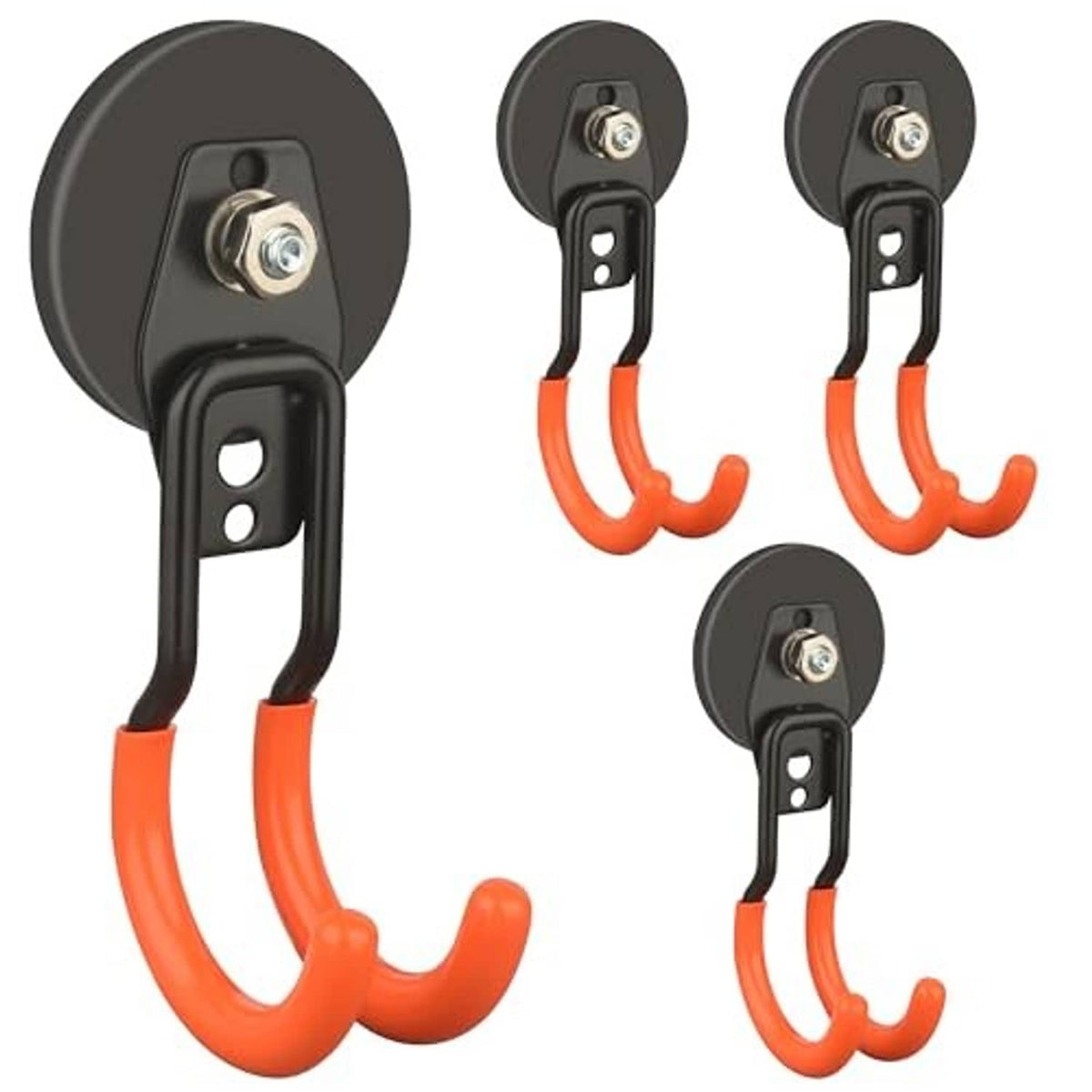 Four orange U-shaped magnetic hooks with black back plates and screw-mounted hardware