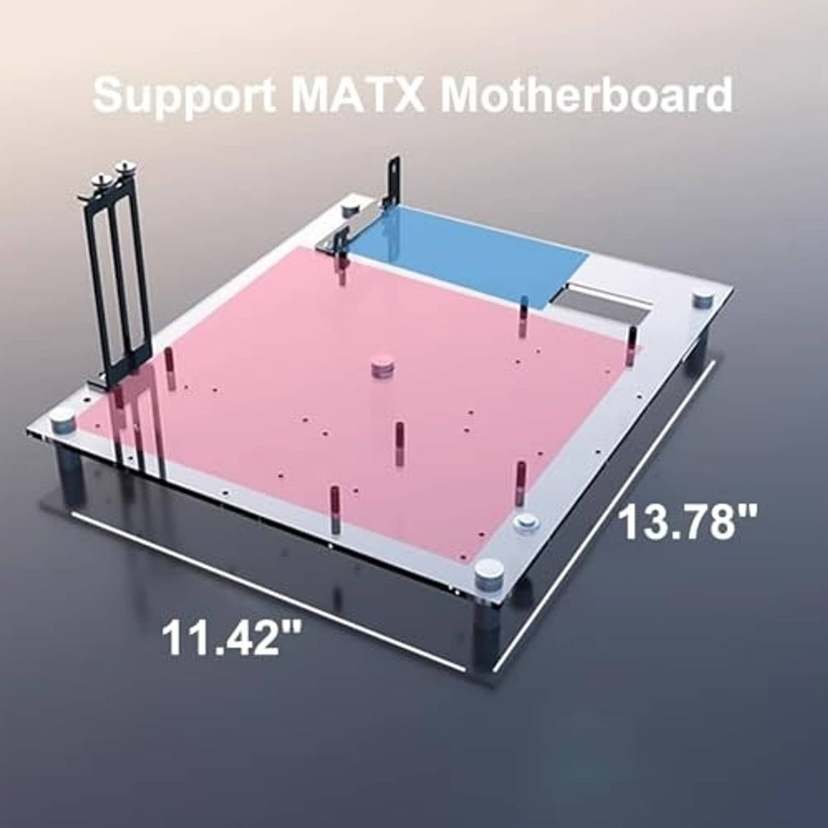 Open-frame PC test bench with pink base, blue rear support panel, and adjustable mounting brackets