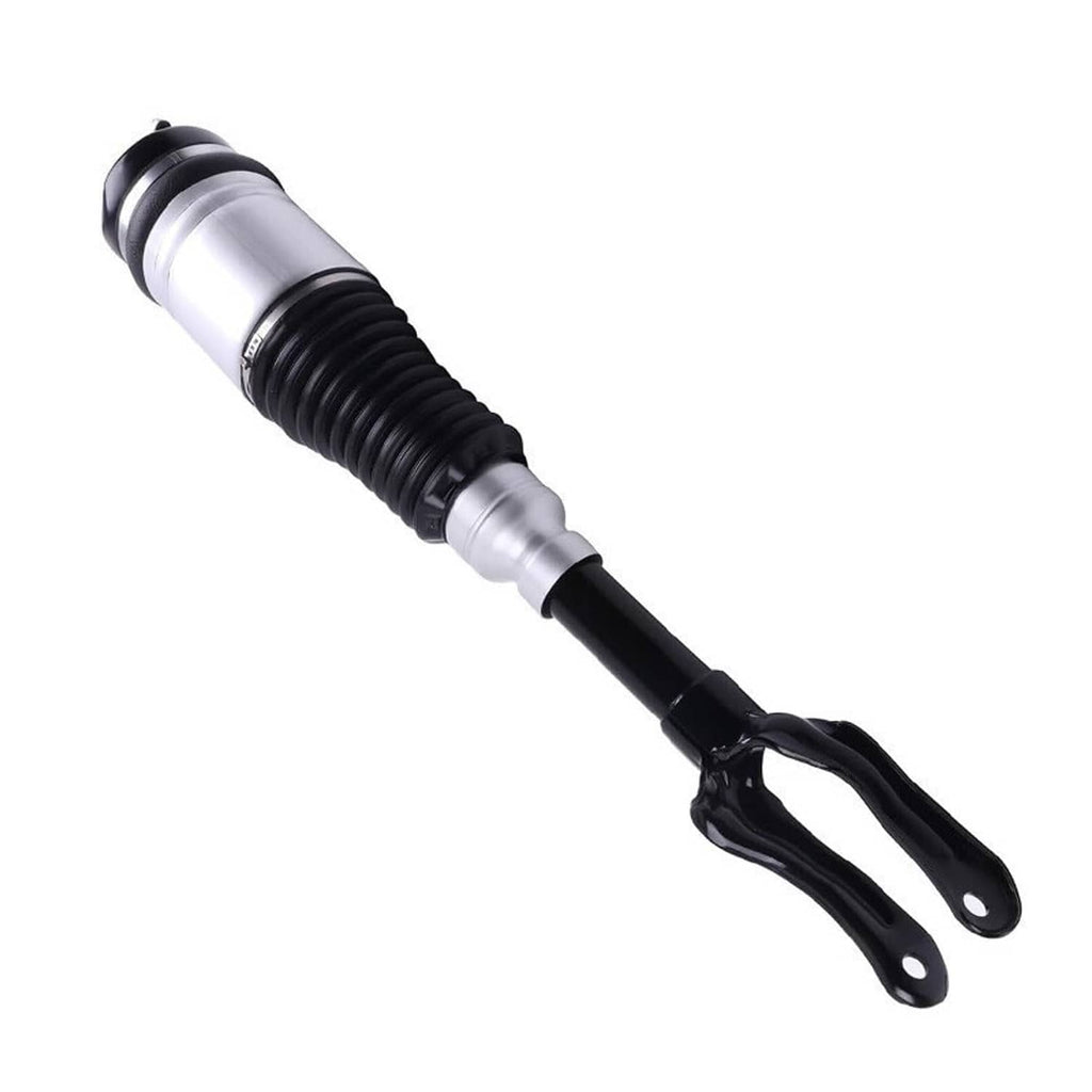 Front air suspension strut with silver reservoir, black spring section, and fork mount