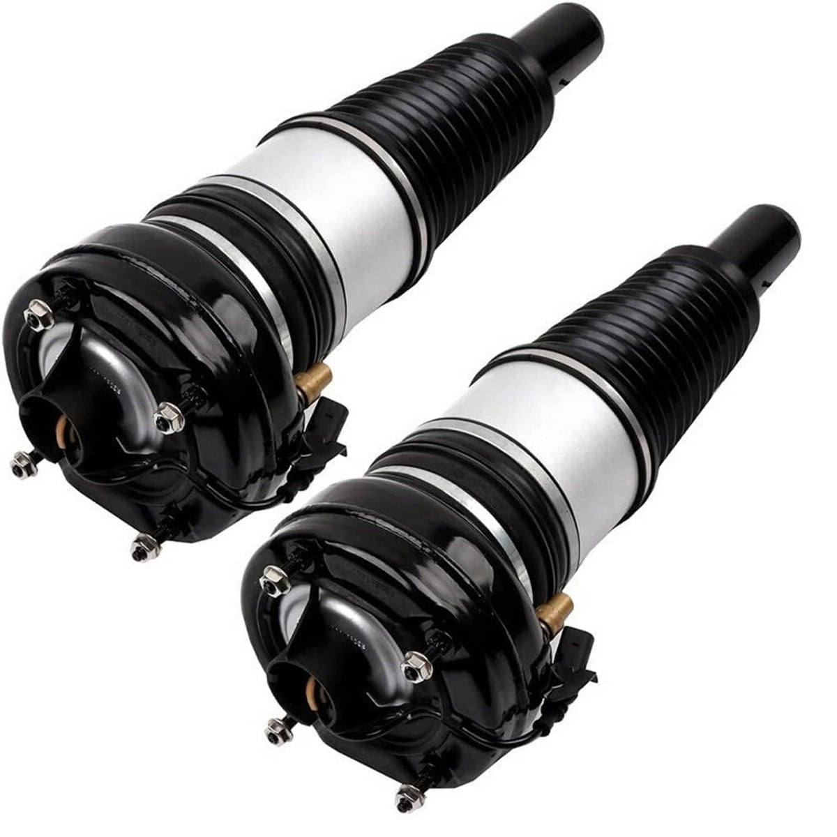 Front air suspension struts with black top mounts, silver cylinders, and ribbed sleeves