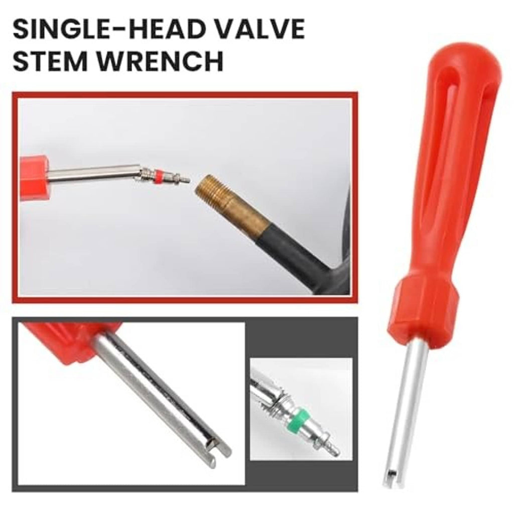 Single-head valve stem wrench with red handle and metal shaft